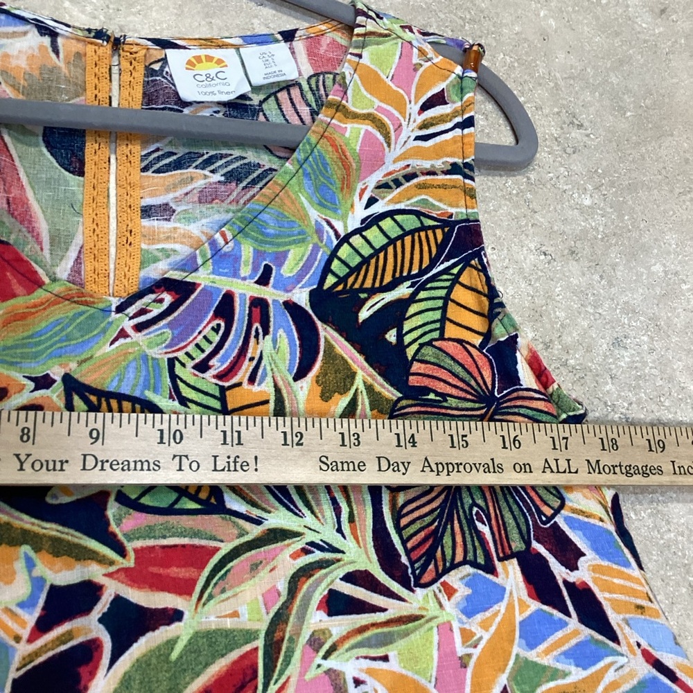 C&C California Multicolor Leaf Print SZ S tropical mini 100% Linen dress - Picture 8 of 9